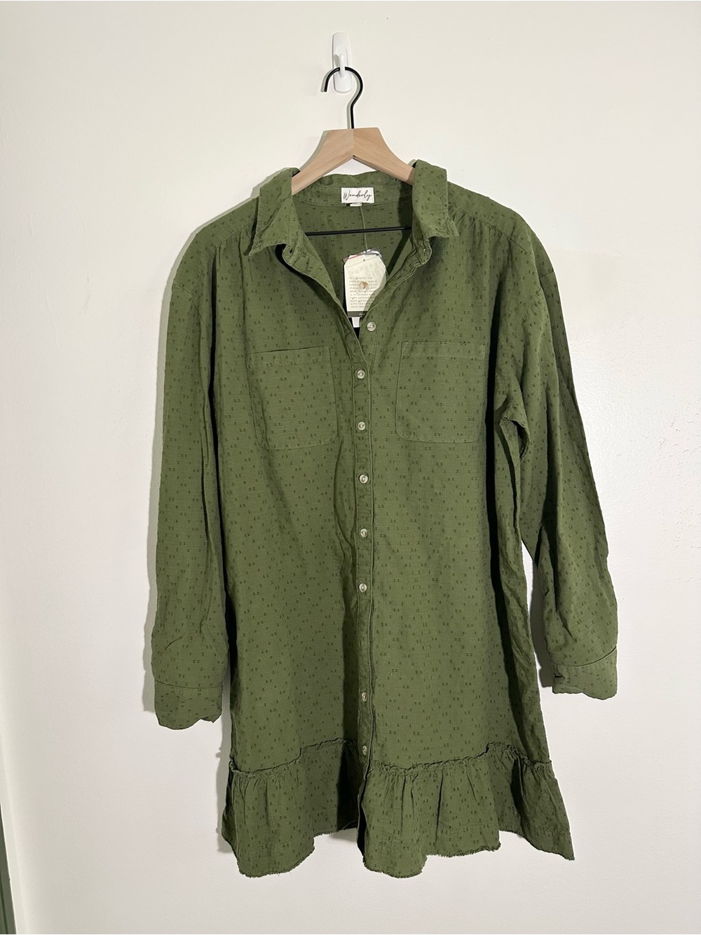 Wonderly - Women's Olive Green Button-Front Shirt Dress - Soft Textured Fabric
